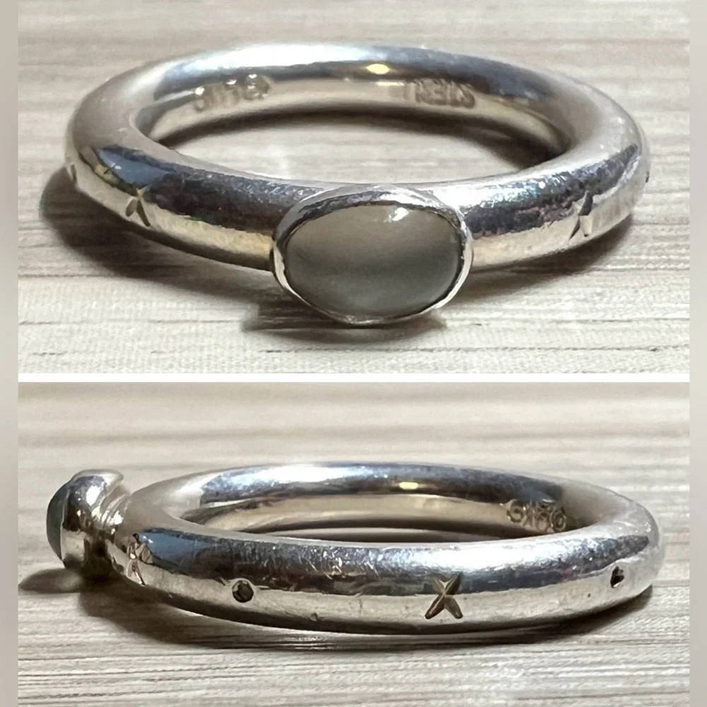 Vintage Designed Signed GK Sterling Silver Moonstone Cabochon Ring, Size 5.5